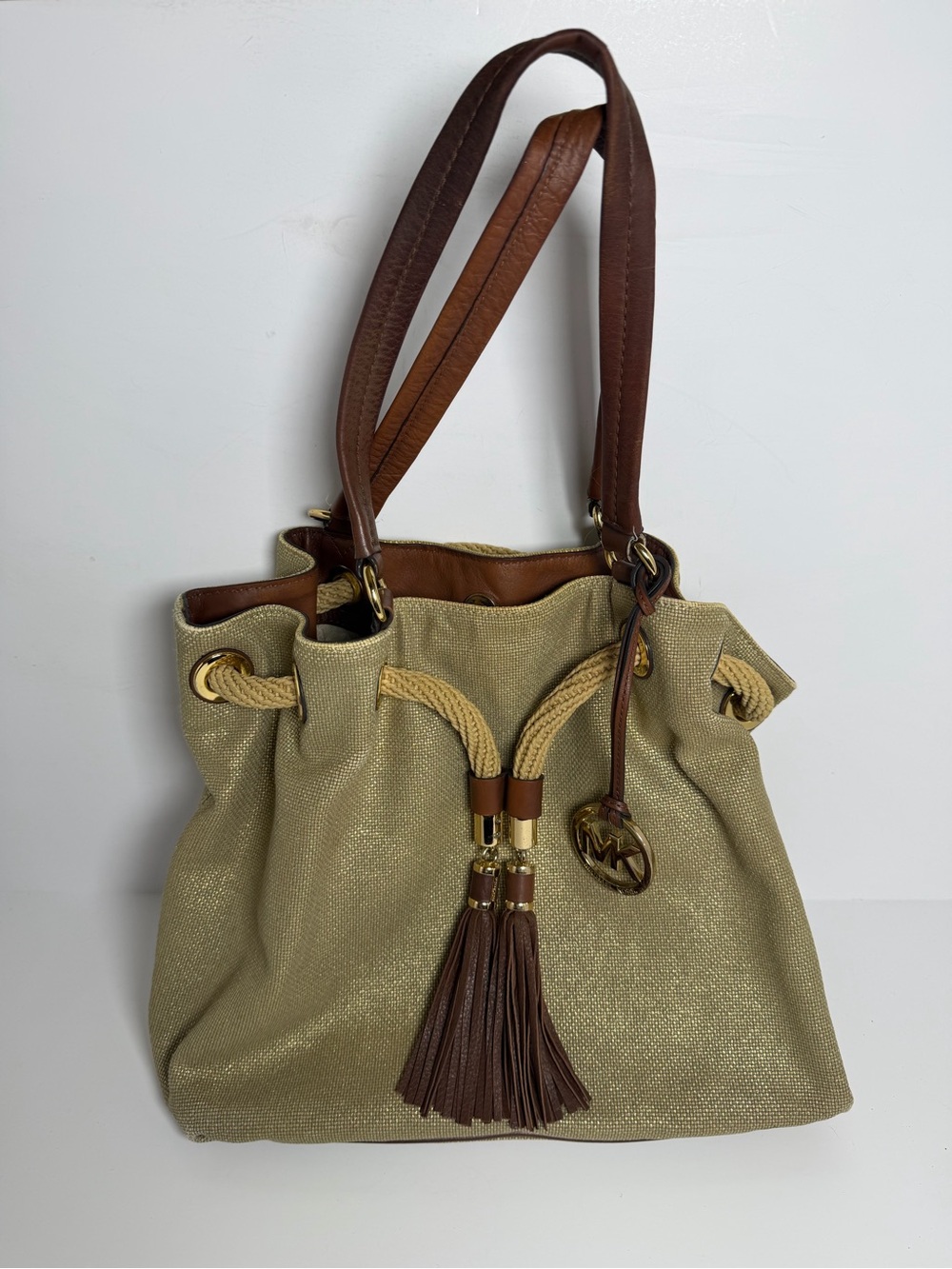 MICHAEL KORS Marina Metallic Gold Canvas Drawstring Handbag Purse Tote